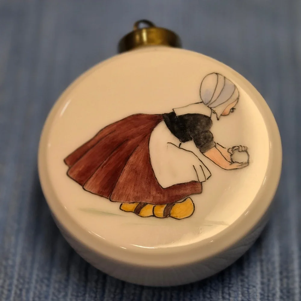 Vintage Dutch Scene Porcelain Disc Ornament Hand Painted Ceramic Ice Skating